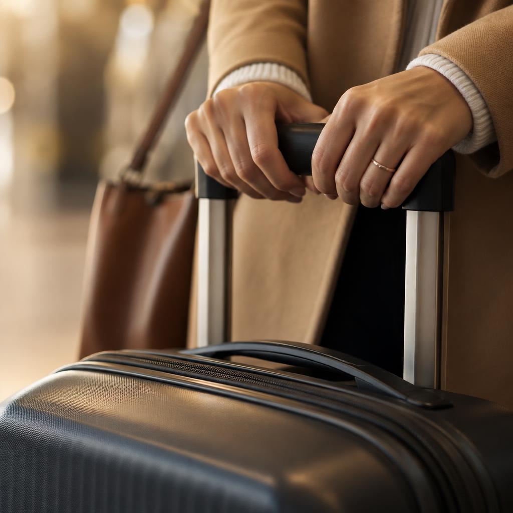 Mains tenant la poignée d'une valise de voyage